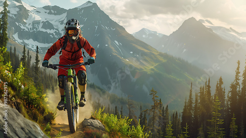 Biker speeding down a mountain trail with expansive range in sight