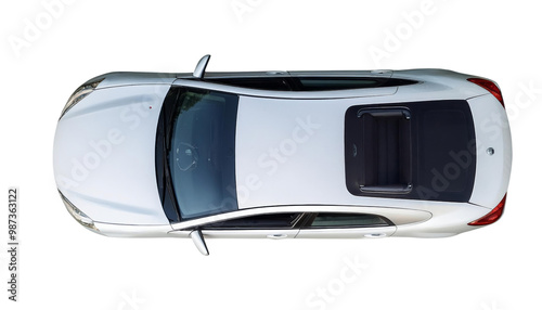 Aerial view of a sleek white car with a sunroof, displaying its elegant design and modern features, isolated on a white background.