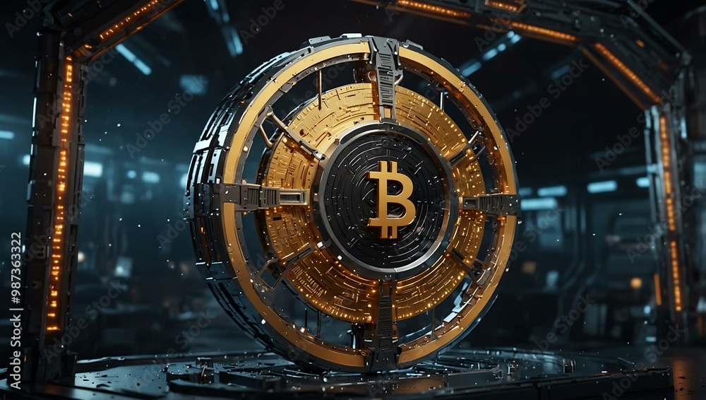 Cryptocurrency mine visualized as a futuristic space station. Cryptocurrency mine visualized as a futuristic space station.