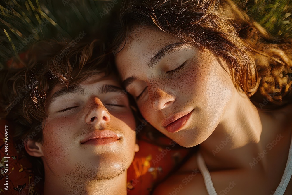 Romantic Close-Up of Couple Relaxing on Grass with Natural Light Romantic Close-Up of Couple Relaxing on Grass with Natural Light