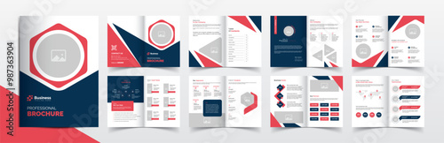 Creative corporate company business brochure template layout design, 16 pages brochure design with red and blue color accents, Simple and clean company profile brochure template design