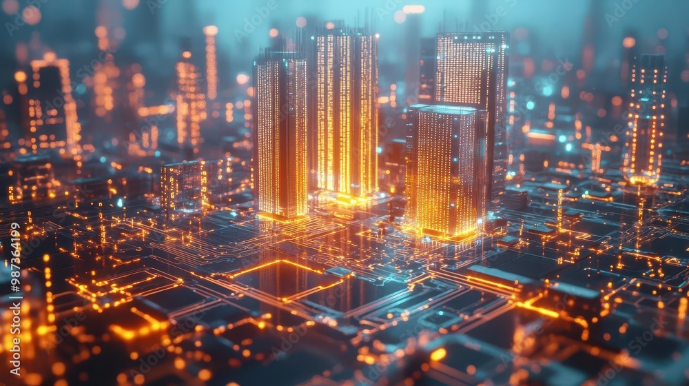 futuristic microchip cityscape with glowing circuits towering silicon skyscrapers and pulsating data streams flowing through translucent pathways futuristic microchip cityscape with glowing circuits towering silicon skyscrapers and pulsating data streams flowing through translucent pathways