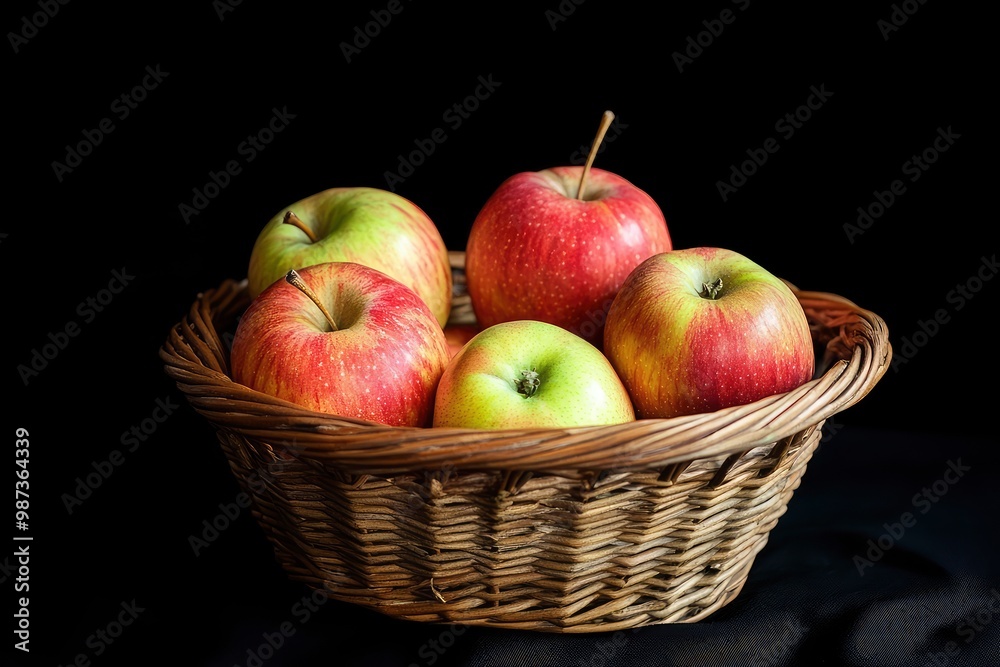 apples in basket on black backdrop , ai apples in basket on black backdrop , ai