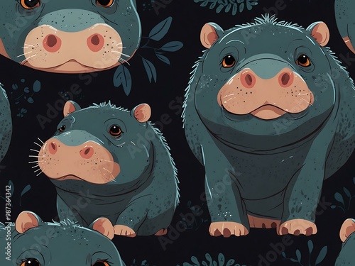 Cute pygmy hippo illustrations in various styles. photo