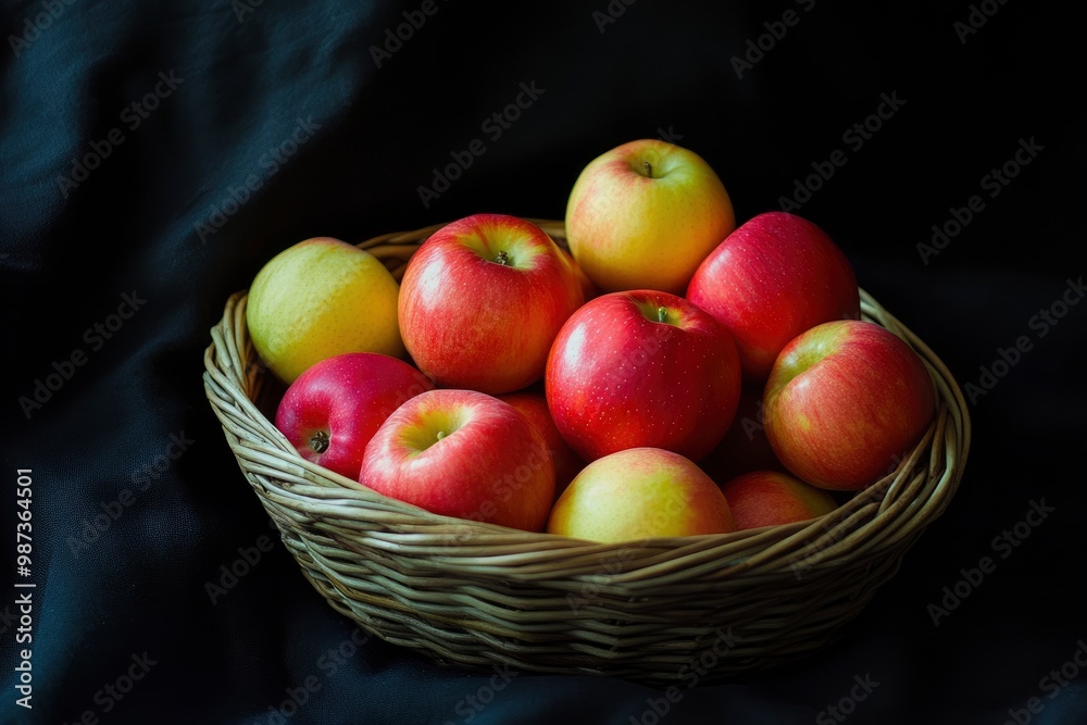 apples in basket on black backdrop , ai