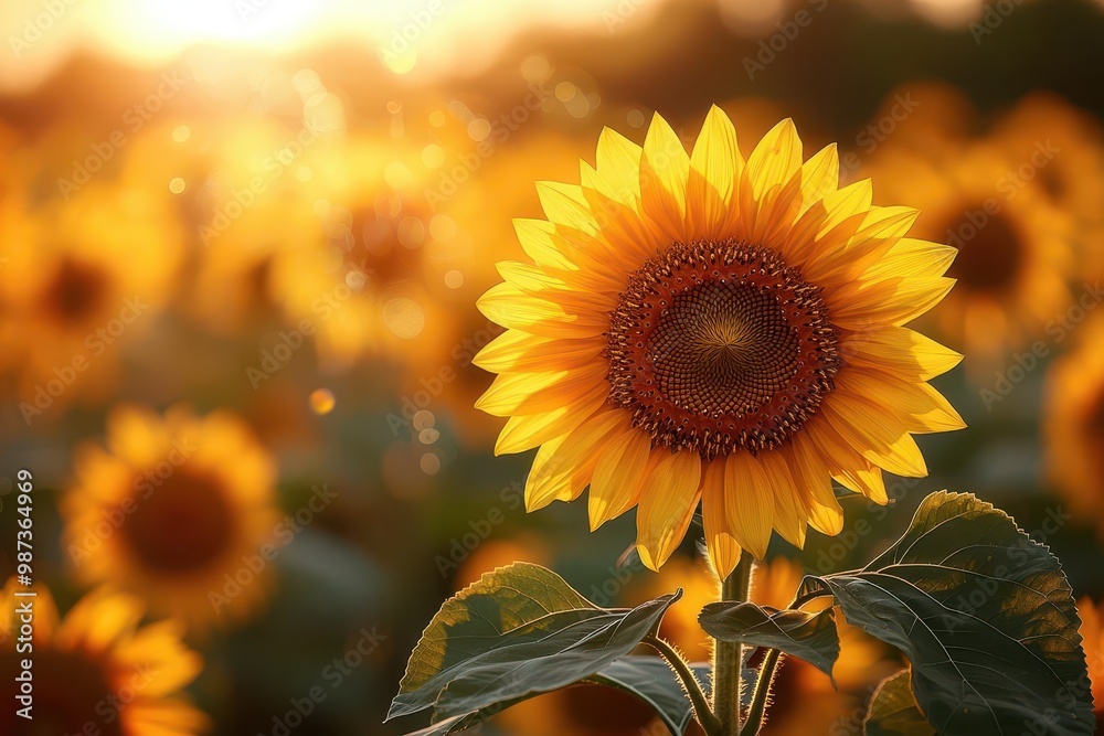 Fototapeta premium Golden Sunflower Field Basking in Warm Sunset Light