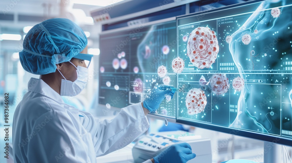 Dedicated scientist analyzing DNA sequences on advanced digital display for groundbreaking cancer research. Innovative laboratory equipment and detailed medical charts support complex genetic studies Dedicated scientist analyzing DNA sequences on advanced digital display for groundbreaking cancer research. Innovative laboratory equipment and detailed medical charts support complex genetic studies