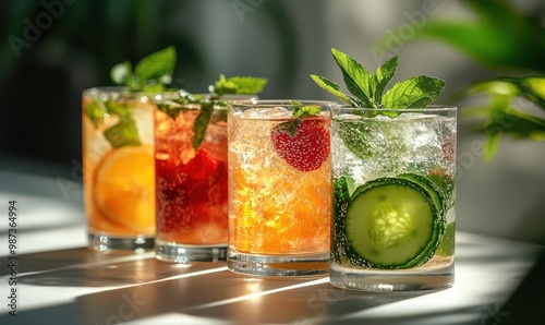 Colorful Summer Drinks with Fresh Fruit Garnishes in Sunlight