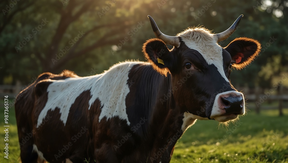 Dairy cow with expressive eyes in a lush pasture during morning light. Dairy cow with expressive eyes in a lush pasture during morning light.