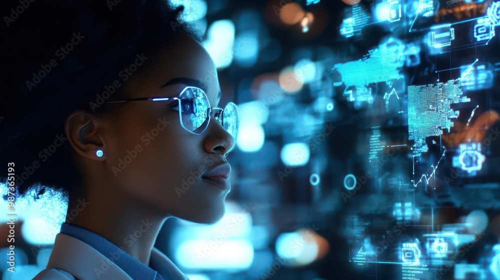 futuristic portrait of an african american female it specialist analyzing holographic data projections surrounded by glowing cybersecurity symbols and aigenerated patterns futuristic portrait of an african american female it specialist analyzing holographic data projections surrounded by glowing cybersecurity symbols and aigenerated patterns