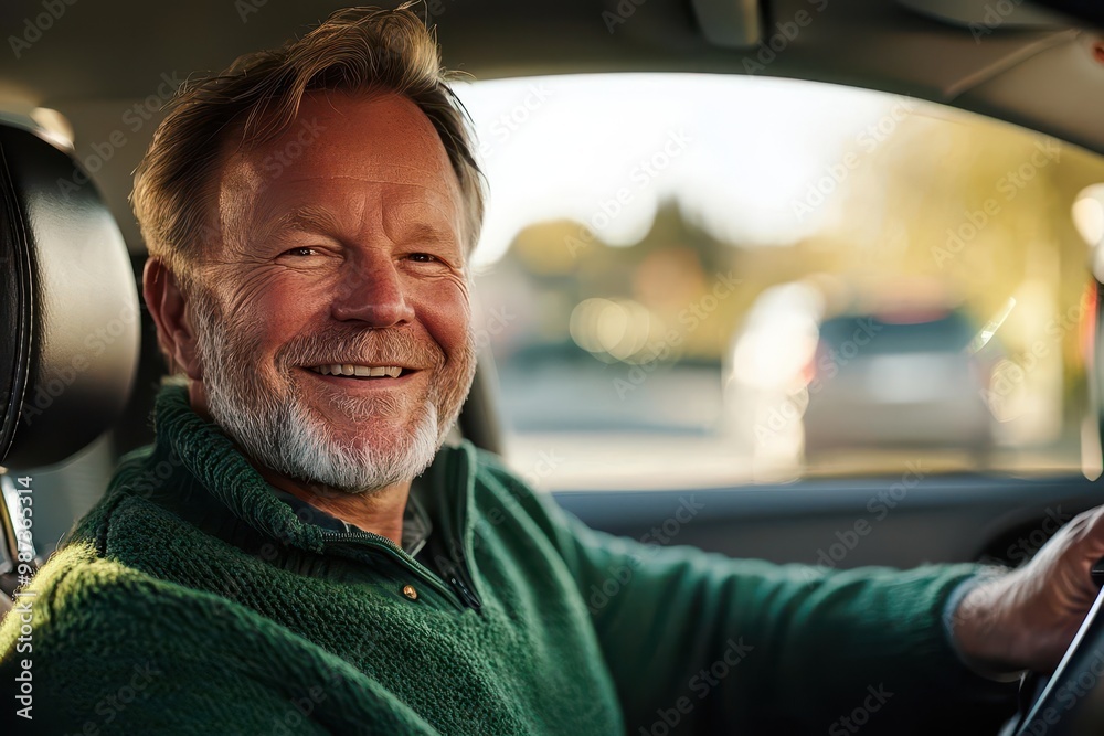 Happy Senior Man Driving with Warm Light and Neutral Colors Happy Senior Man Driving with Warm Light and Neutral Colors