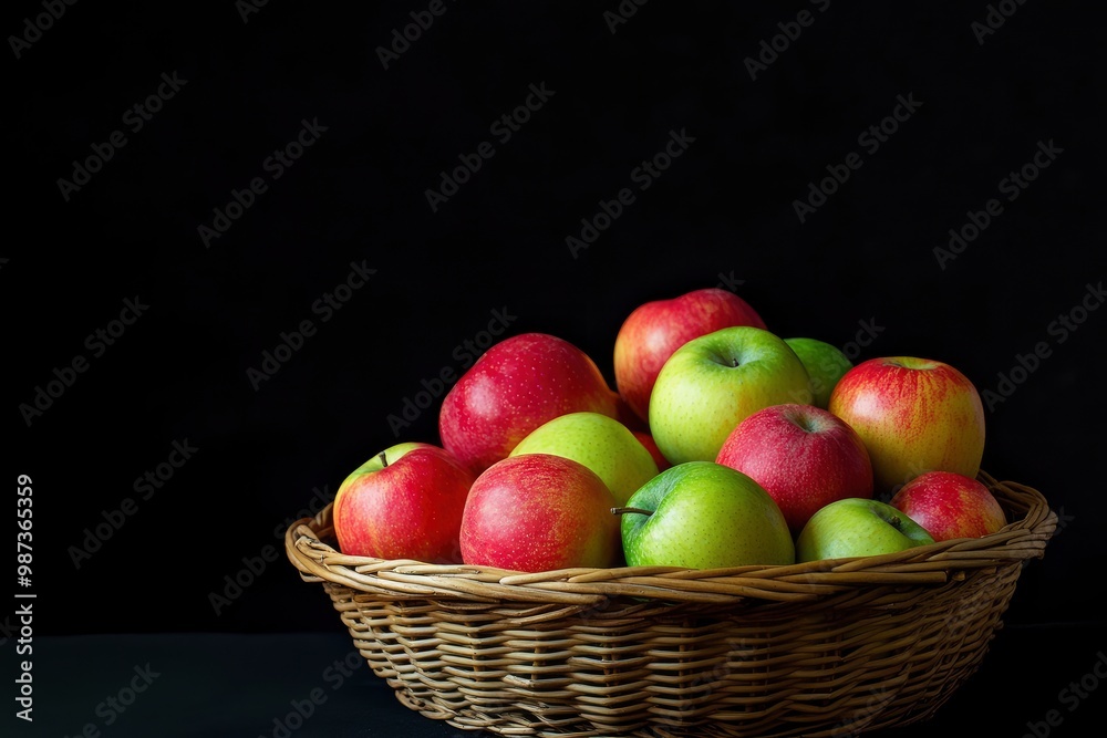 apples in basket on black backdrop , ai apples in basket on black backdrop , ai