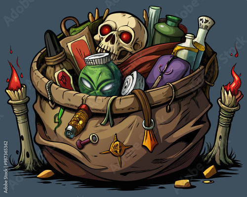 A large, worn-out cloth bag filled with eerie contents. Inside the bag are bottles of poison, dead animal carcasses, and various witchcraft tools. 