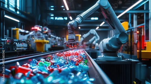 futuristic recycling facility with robotic arms sorting colorful plastics conveyor belts weaving through hightech machinery neon lights illuminating the process photo