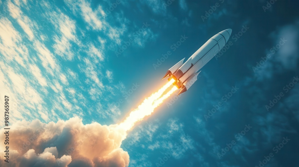 Fototapeta premium futuristic rocket soaring through wispy clouds sleek design with gleaming metallic surface vibrant blue sky backdrop dynamic upward angle symbolizing innovation and progress