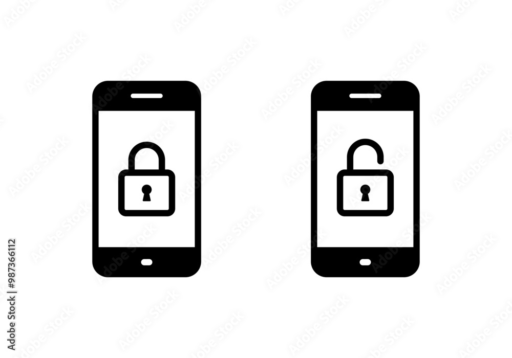 Lock and unlock on cellphone screen icon. Mobile phone with padlock sign symbol Lock and unlock on cellphone screen icon. Mobile phone with padlock sign symbol