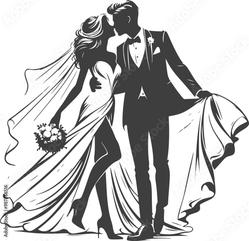 weeding husband wife, romantic couple and Kissing couple silhouette vector design.