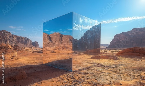 Futuristic mirrored cube in desert landscape with blue skies photo