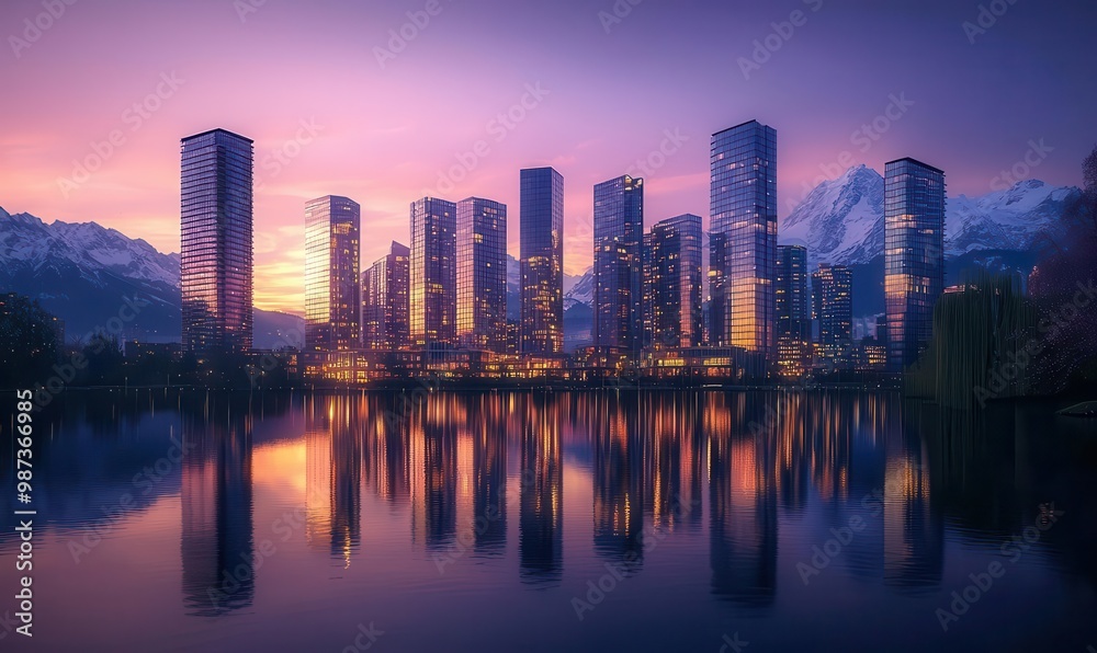 Naklejka premium Serene twilight cityscape with vibrant skyline reflected in calm waters