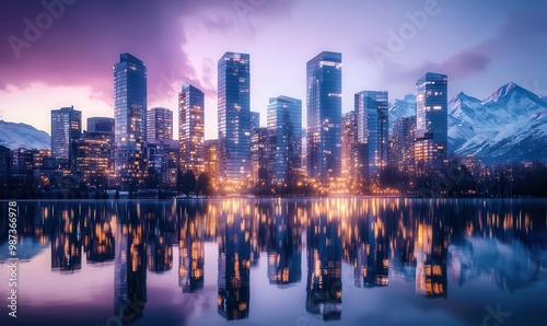 Vibrant City Skyline with Reflection at Twilight in Blue and Purple