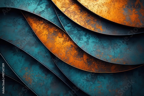 Abstract textural layers in orange and teal metallic surfaces photo