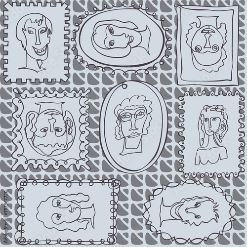 Seamless background with funny faces of anthropomorphic creatures. Humorous characters with different emotions