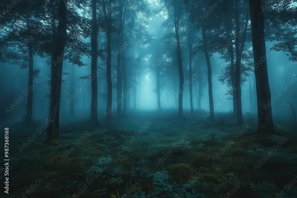 Mysterious Forest with Blue Fog and Tall Trees at Dawn Mysterious Forest with Blue Fog and Tall Trees at Dawn