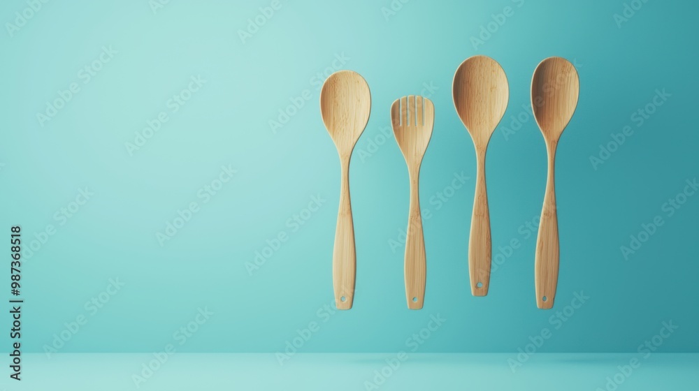 Bamboo kitchen utensils floating in a minimalistic 3D environment focusing on eco-friendly design Bamboo kitchen utensils floating in a minimalistic 3D environment focusing on eco-friendly design