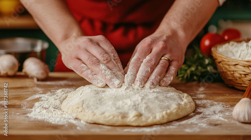 Woman baker kneading dough on a wooden table in a kitchen