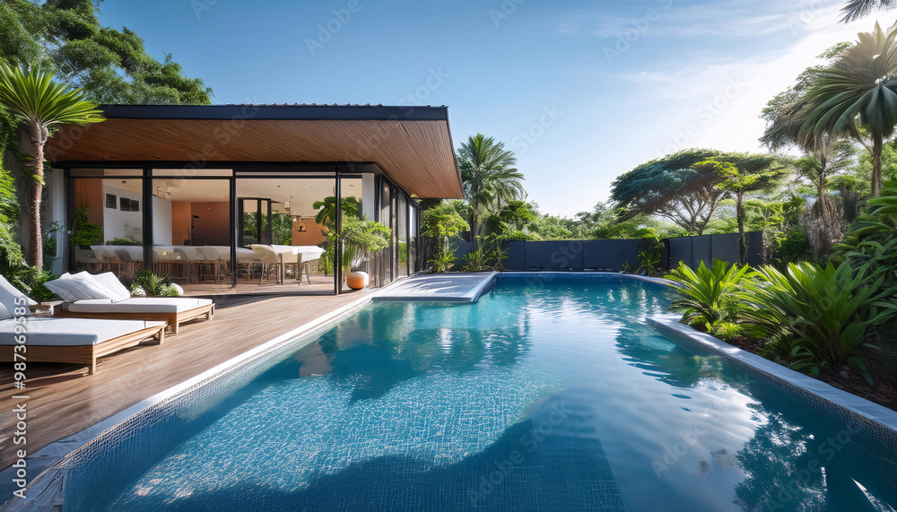 Fototapeta premium Modern house with pool under clear sky