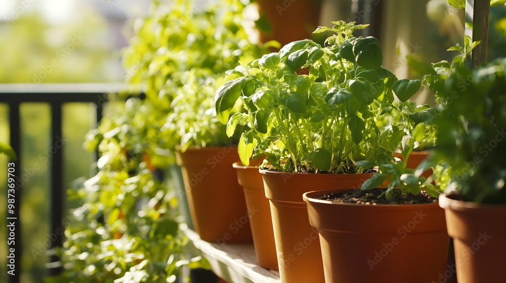 Herb garden in pots on a sunny balcony Herb garden in pots on a sunny balcony