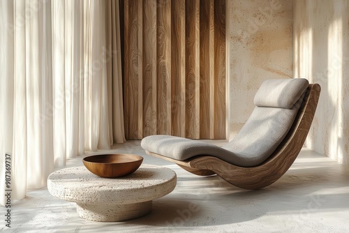 Modern Wooden Lounge Chair in Sunny Minimalist Living Room