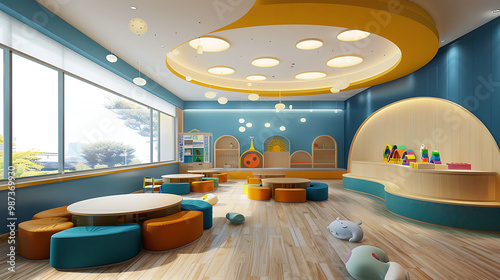 Bright playroom featuring blue and yellow walls with furniture