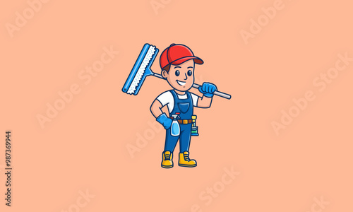 Happy cleaner holding mop and spray bottle vector.