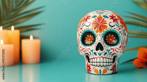 Scary Halloween skull illustration with candle, human skull and skeleton anatomy for spooky pirate tattoo design photo