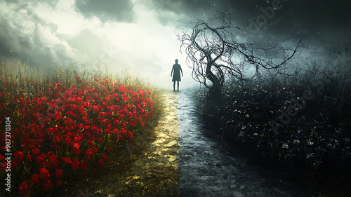 A stylized depiction of a figure standing at a crossroads, with one path leading to light and flowers, the other into darkness and thorny vines, visually portraying the choice between good and evil. 