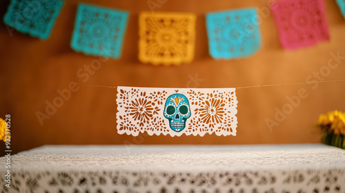 Colorful papel picado banners floating above an altar, vibrant lighting and shadows, traditional Day of the Dead decor.  photo