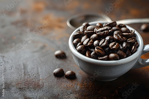 Freshly Brewed Coffee Beans in Rustic Ceramic Cup - Perfect for Cafes, Menus, and Coffee Culture Designs photo