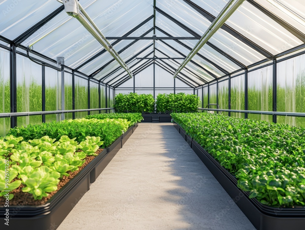 A bright and spacious greenhouse filled with lush green plants, showcasing rows of healthy lettuce and other leafy greens in well-organized trays. A bright and spacious greenhouse filled with lush green plants, showcasing rows of healthy lettuce and other leafy greens in well-organized trays.