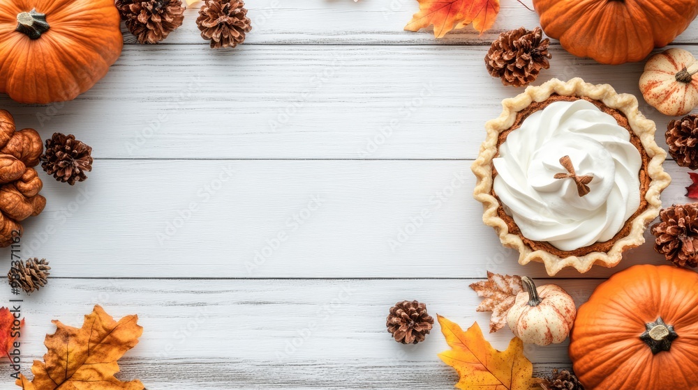 A delightful pumpkin pie sits elegantly on a wooden table, crowned with whipped cream and a sprinkle of cinnamon, inviting you to enjoy a taste of autumn A delightful pumpkin pie sits elegantly on a wooden table, crowned with whipped cream and a sprinkle of cinnamon, inviting you to enjoy a taste of autumn