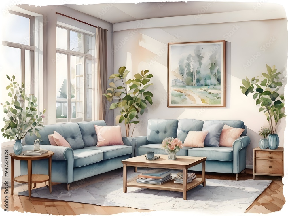 Watercolor Cozy Living Room House Watercolor Cozy Living Room House