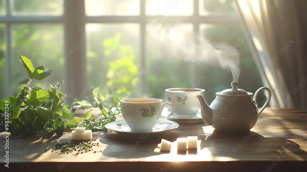 An elegant tea set on a wooden table with elegant porcelain cups and a teapot, surrounded by soft light from the window. Fresh herbs - mint and chamomile - are lying nearby. An elegant tea set on a wooden table with elegant porcelain cups and a teapot, surrounded by soft light from the window. Fresh herbs - mint and chamomile - are lying nearby.