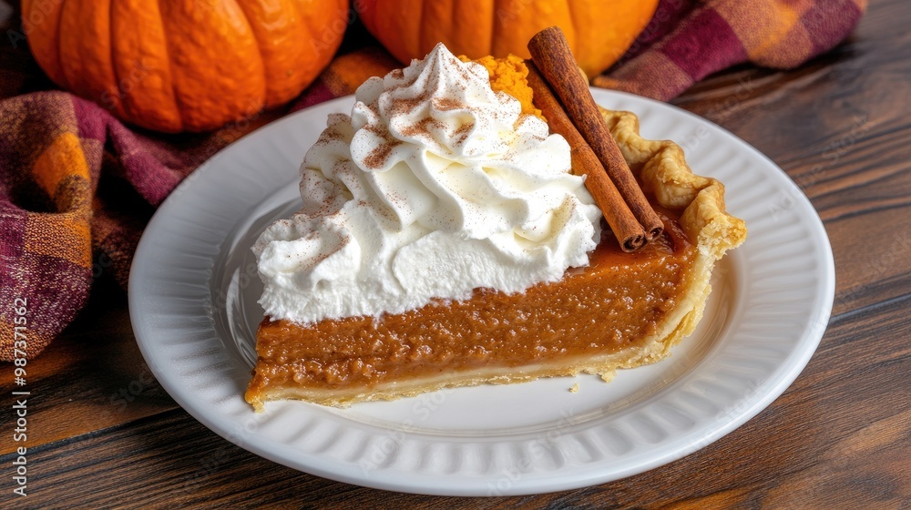 A delightful pumpkin pie sits elegantly on a wooden table, crowned with whipped cream and a sprinkle of cinnamon, inviting you to enjoy a taste of autumn