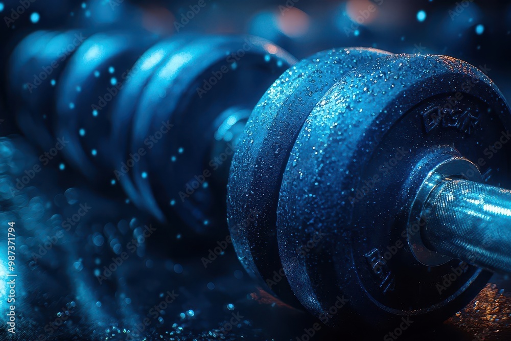 Close-up of Dumbbell with Water Droplets in Blue-toned Lighting Close-up of Dumbbell with Water Droplets in Blue-toned Lighting