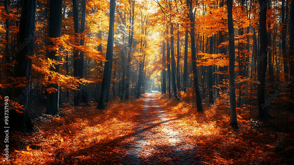 A bright forest path covered with gold, orange and red autumn leaves. Tall trees with bright foliage create a natural canopy. The scene reminds us of the beauty of the autumn season. A bright forest path covered with gold, orange and red autumn leaves. Tall trees with bright foliage create a natural canopy. The scene reminds us of the beauty of the autumn season.