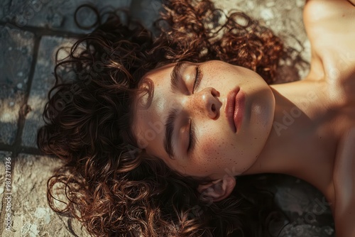 Serene young woman with curly hair basking in sunlight