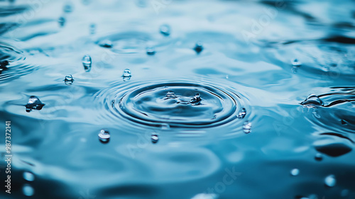 Rain drops fall on a smooth glass surface, creating ripples and reflections. The focus is on the delicate interaction between water and glass, emphasizing the fluid nature of water.