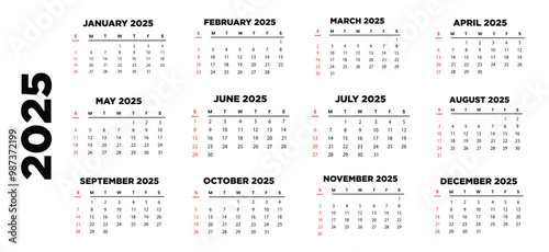 Calendar 2025, Calendar 2025 Start from Sunday Design Template.