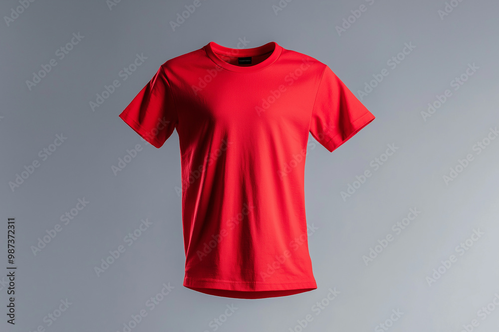 Mock-up image of a red short sleeve T-shirt in the air, studio background, gray background Mock-up image of a red short sleeve T-shirt in the air, studio background, gray background