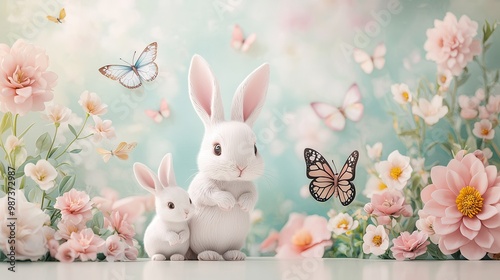 Cute Bunnies in a Spring Garden.